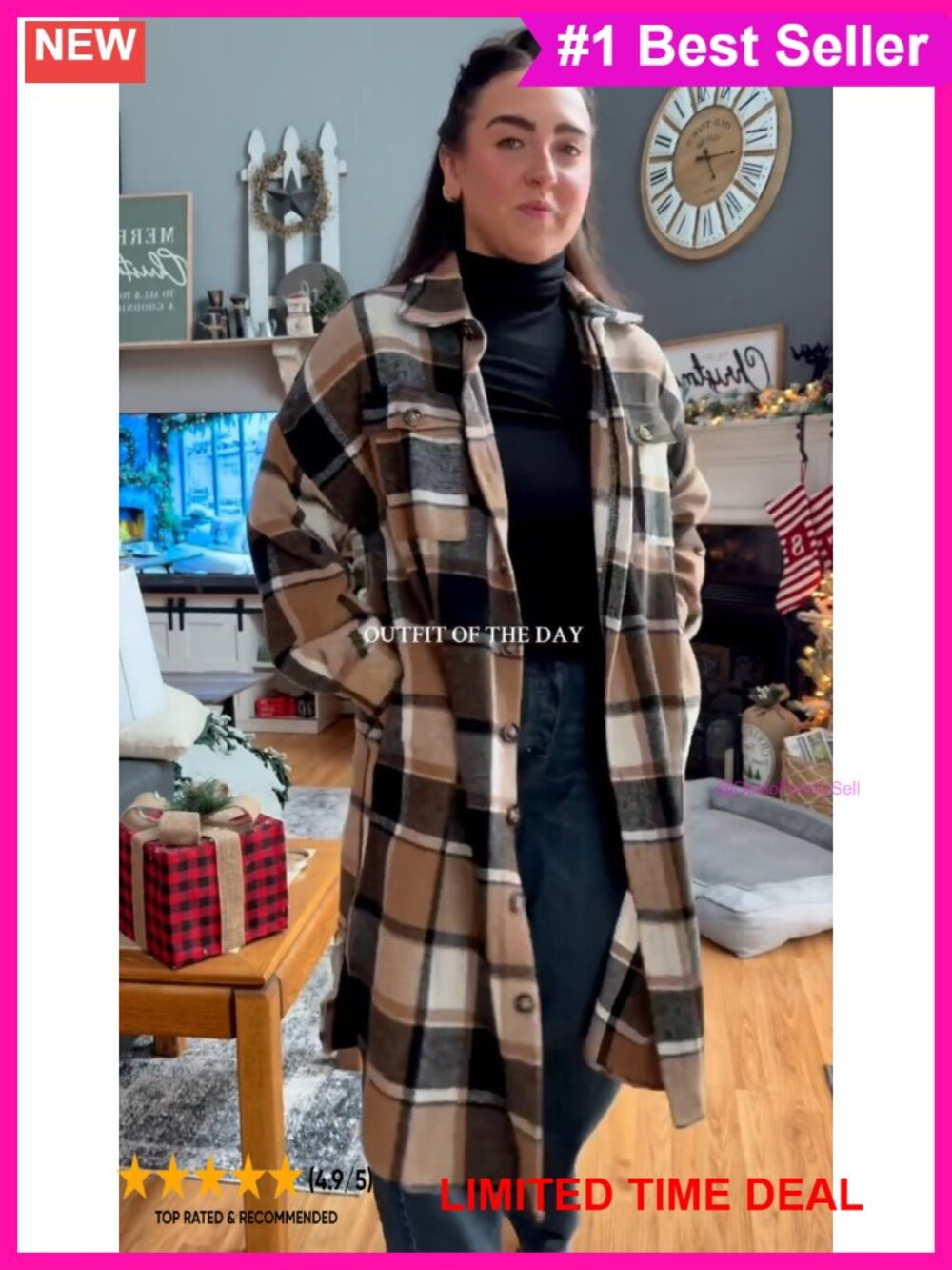 Women's Plaid Wool Blend Shacket Coat Button Up Flap Pockets Long Relaxed Fit - Picture 5 of 6